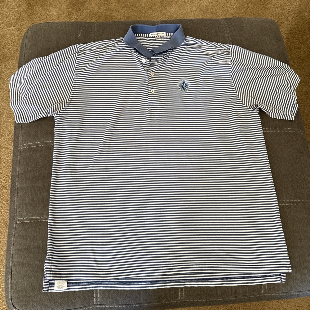 Peter Millar Navy and White Striped Polo with Embroidered Logo. XL